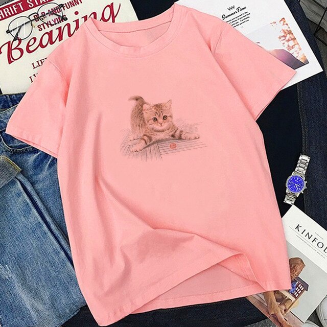 Pink Tee Shirt Femme Funny Cute Cat